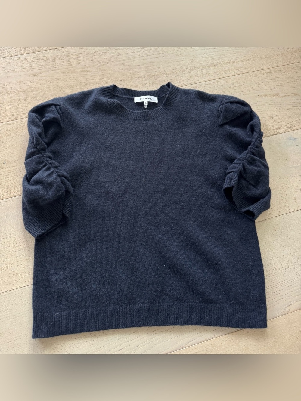 FRAME Frankie Ruched Puff Sleeve cashmere sweater  Navy Blue XL - Picture 6 of 9